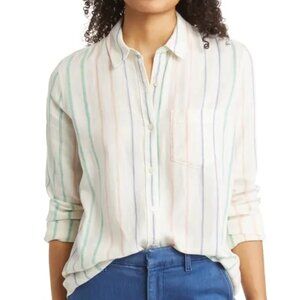 Caslon Linen Blend Button-up Shirt in off white with pastel stripe